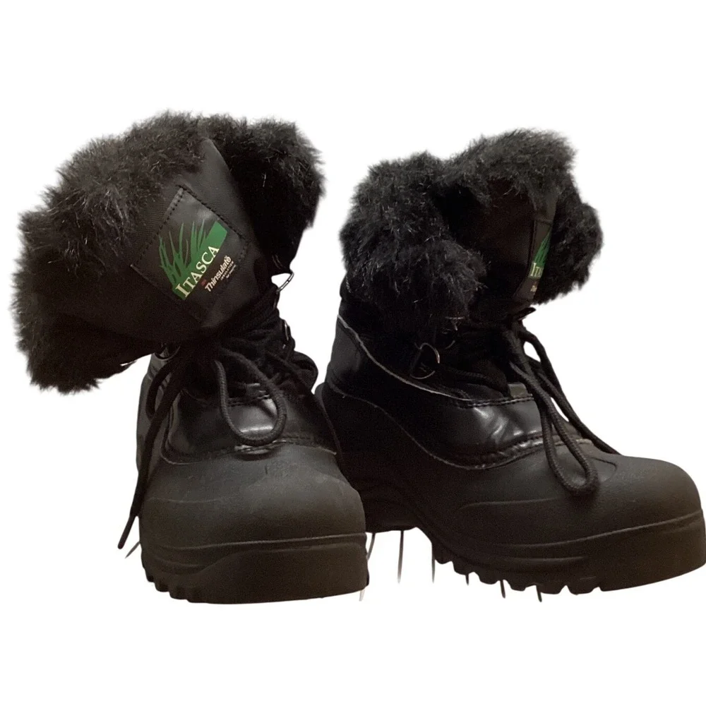 Itasca Kids Black Thinsulate Winter Snow Boots with Fur Trim